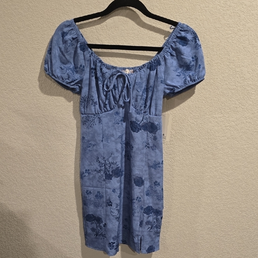 Pink Republic Blue Toile/Floral Puff Sleeve Mini Dress (XS) NWT